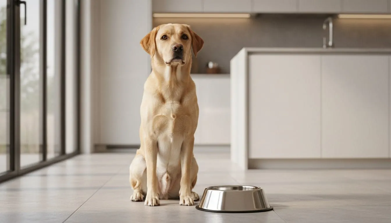 Patient yellow Labrador Retriever sitting next to a silver food bowl in a modern kitchen.