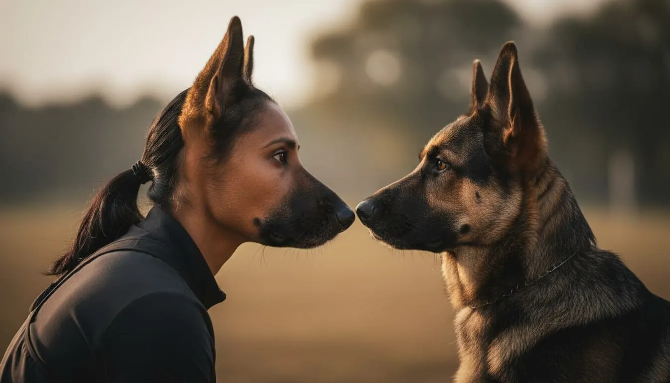 Side profile of a person mimicking a dog profile with pointed ears touching noses with a German Shepherd in a golden field at sunset.