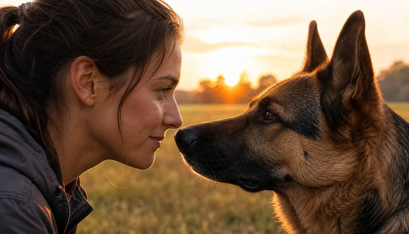 Close-up side-profile portrait of a female dog trainer's face positioned nose-to-nose with a German Shepherd's face in a golden sunlit field, both faces fully separate and anatomically normal, warm backlit rim light at sunset.