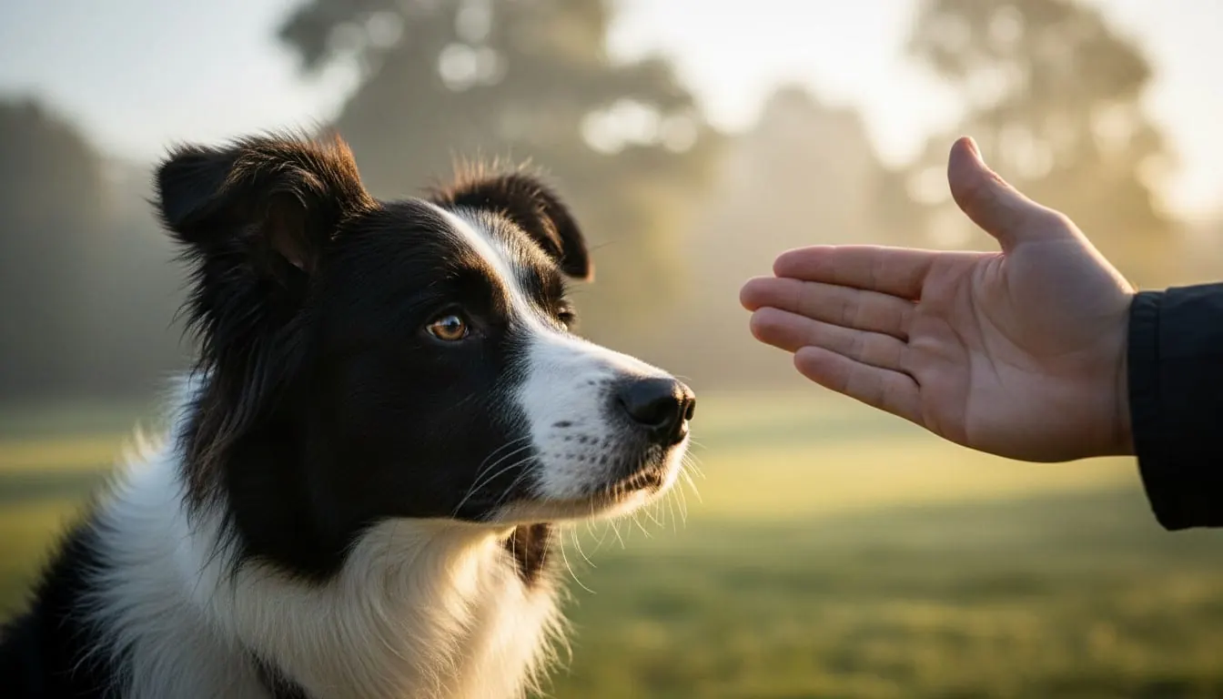 在日落时分的公园里,一只黑白相间的边境牧羊犬正专心地盯着一只张开的人手。