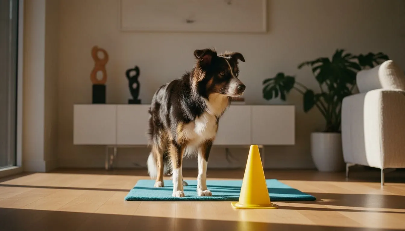 一只边境牧羊犬站在明亮客厅里的蓝色垫子上,前方有一个黄色训练锥。