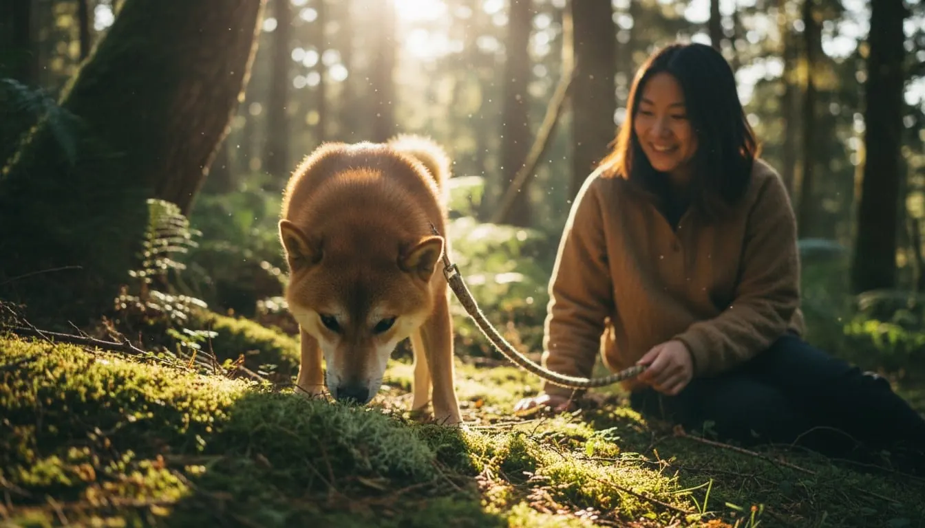 Shiba Inu dog on a leash sniffing mossy ground in a sunlit forest while a woman smiles in the background during golden hour.