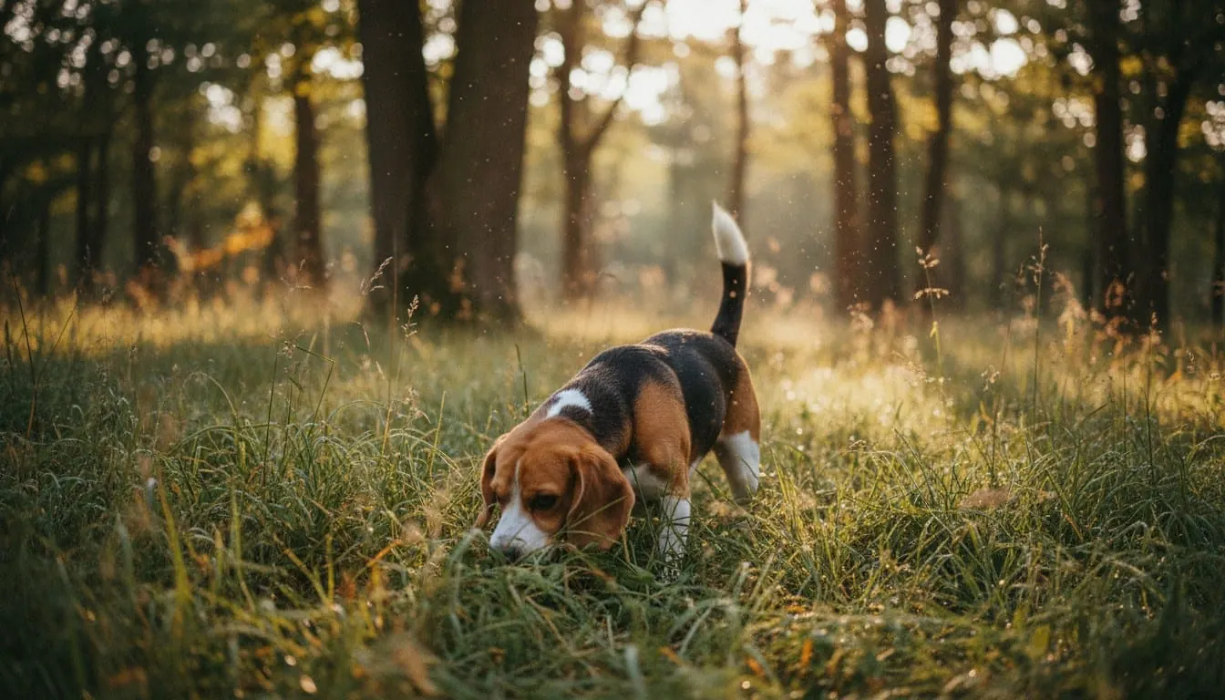 ゴールデンアワーの明るい草原で背の高い草の匂いを嗅ぐ三色のビーグル犬。