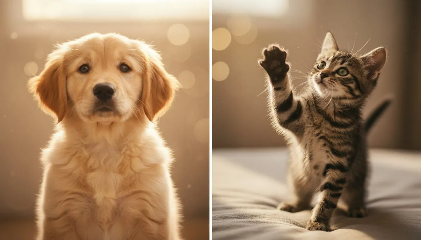 Adorable golden retriever puppy and playful tabby kitten in a side-by-side view with warm soft lighting and bokeh background.