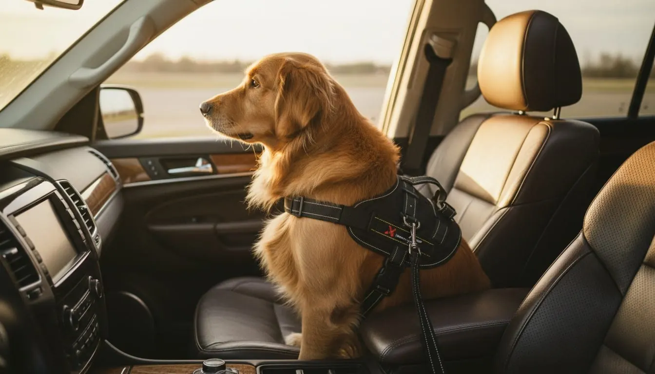 Golden Retriever wearing a black safety harness sitting in the passenger seat of a car at sunset.