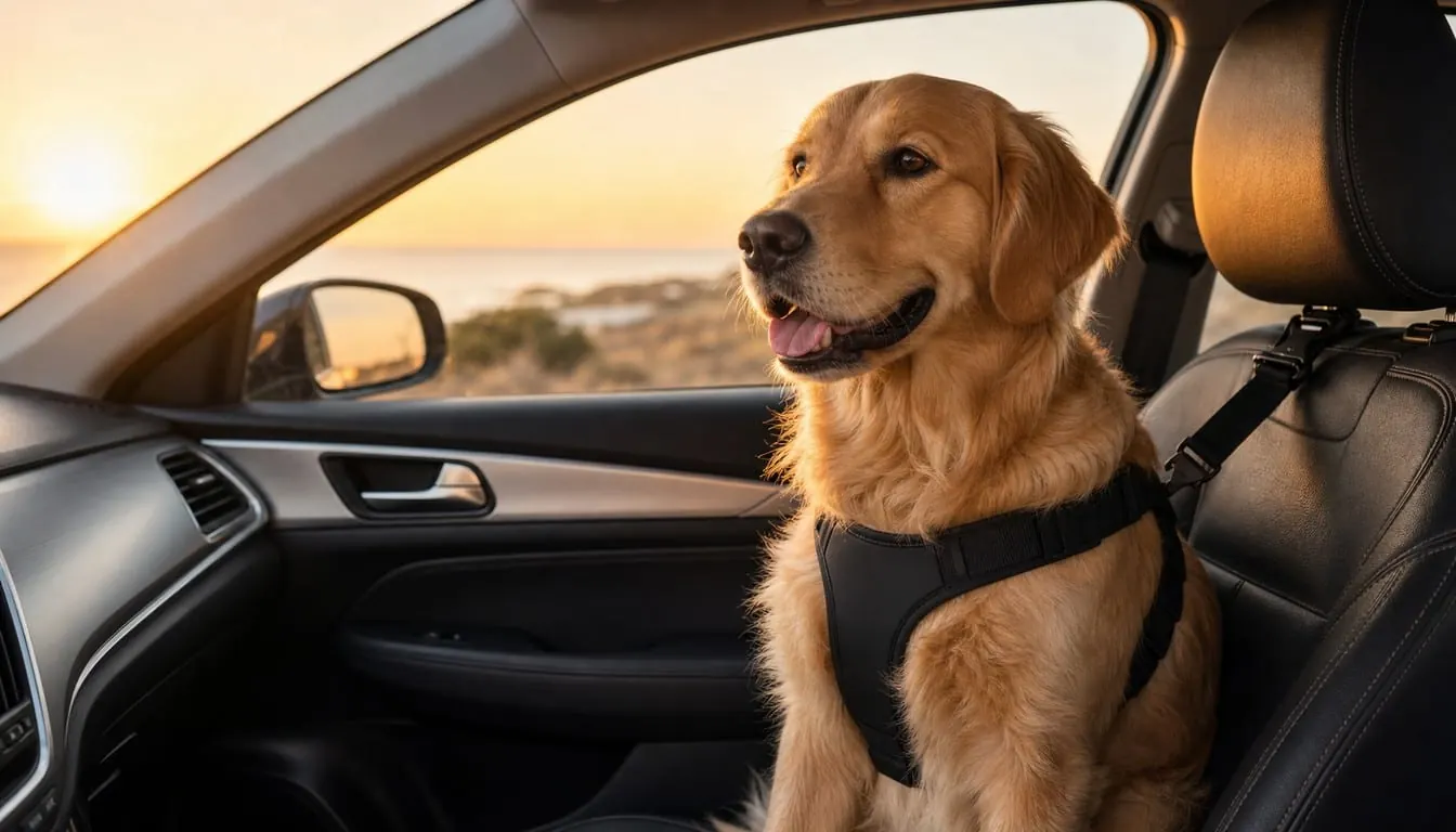 Golden Retriever wearing a black safety harness sitting in the passenger seat of a car at sunset.