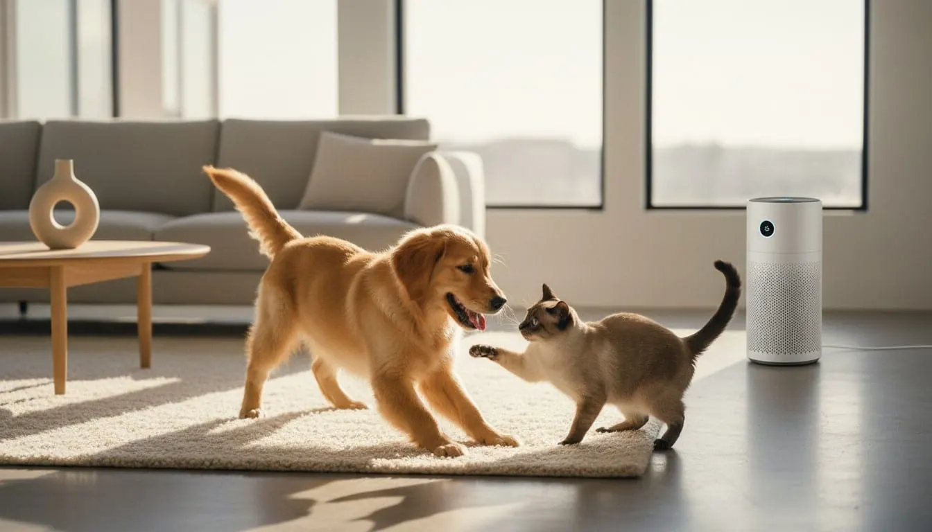 Golden retriever puppy and cat playing on a rug in a sunny living room with a modern air purifier in the background.