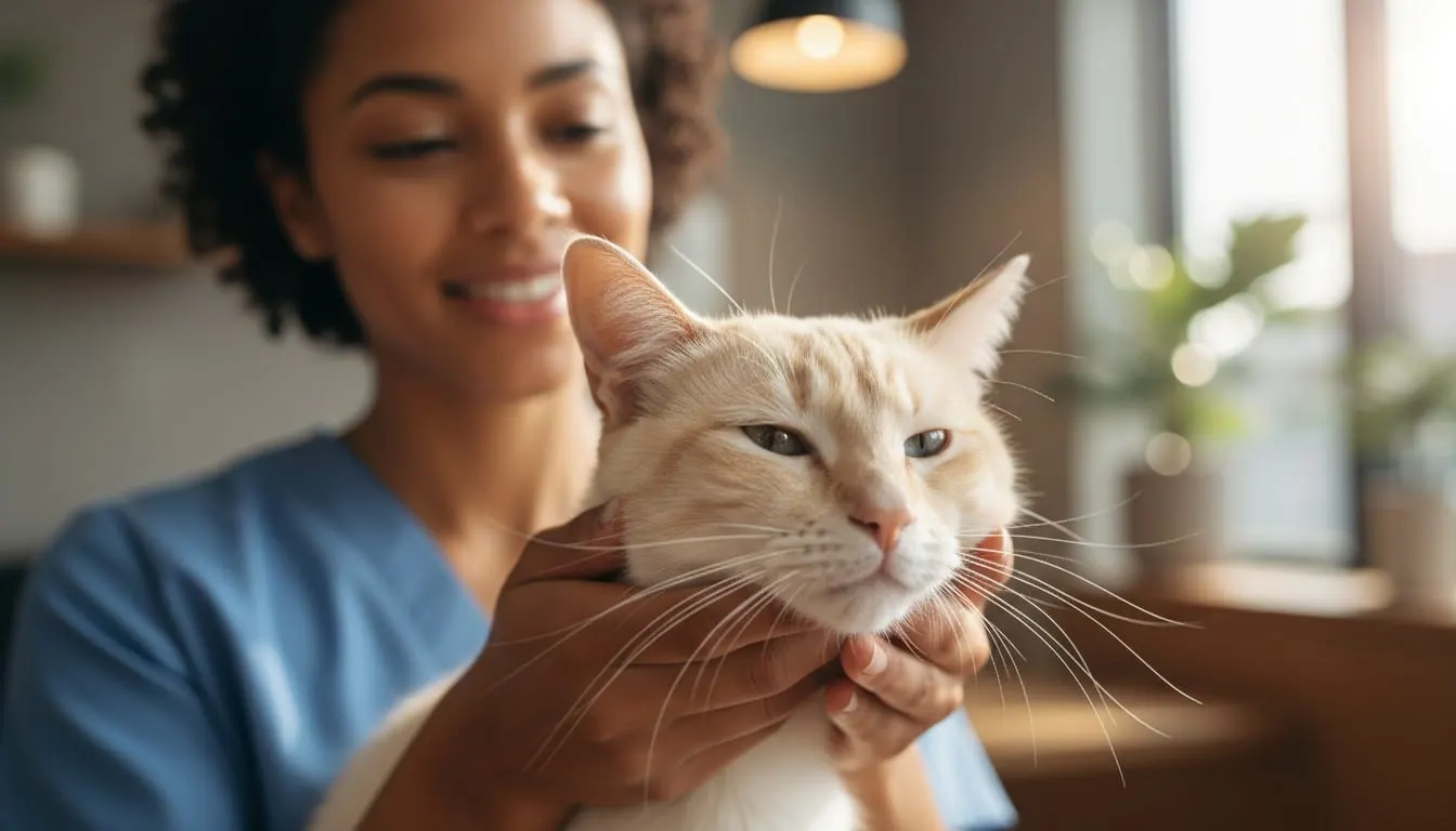 Smiling female veterinarian in blue scrubs gently cradling a calm ginger cat during a routine checkup in a bright clinic.