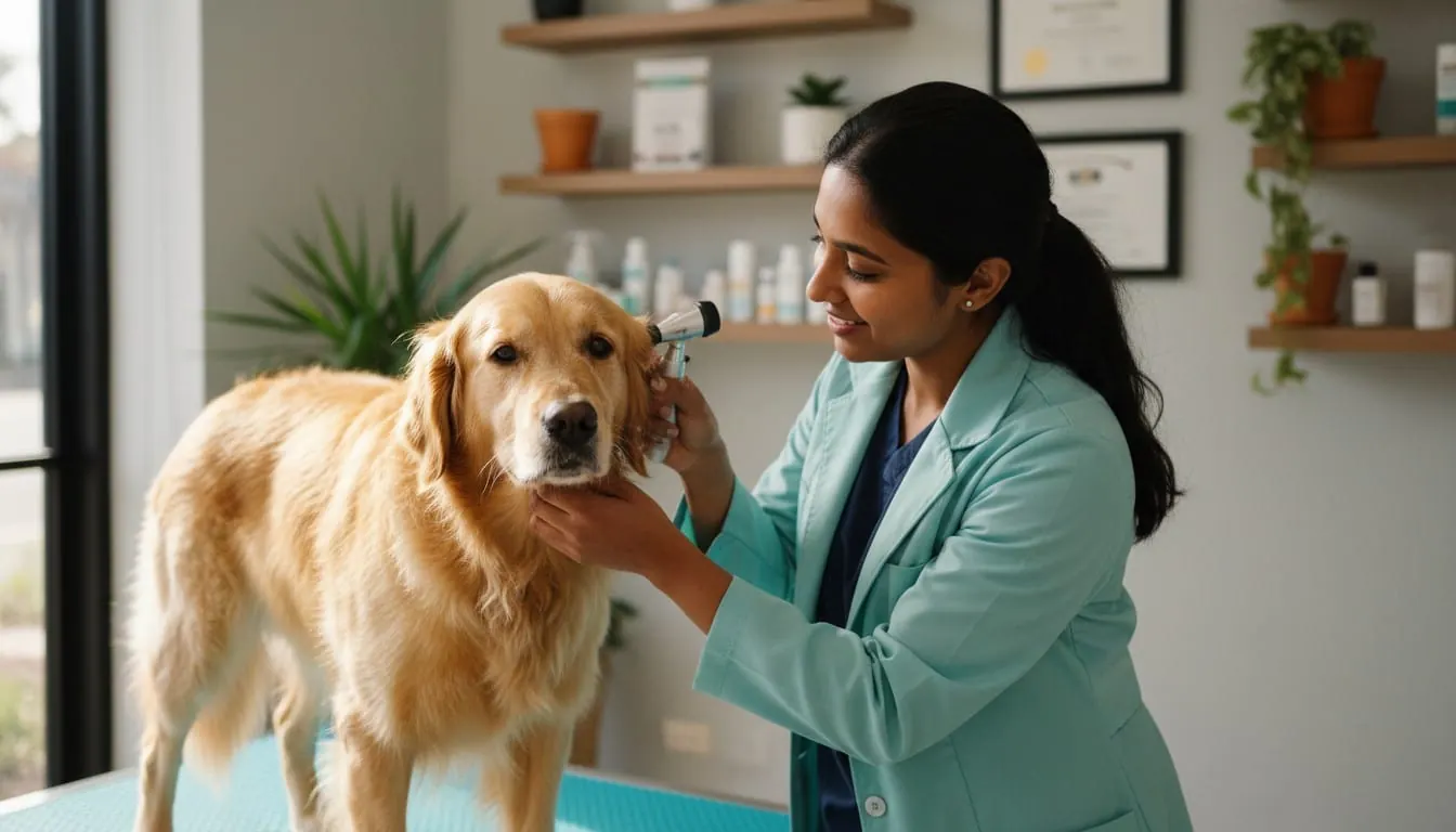 Female veterinarian examining a Golden Retriever's ear with an otoscope in a modern veterinary clinic.