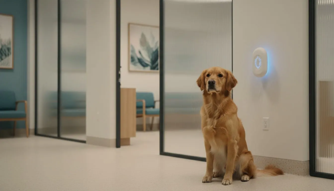 Golden Retriever dog sitting patiently in a bright, modern office hallway near a wall-mounted circular smart device.