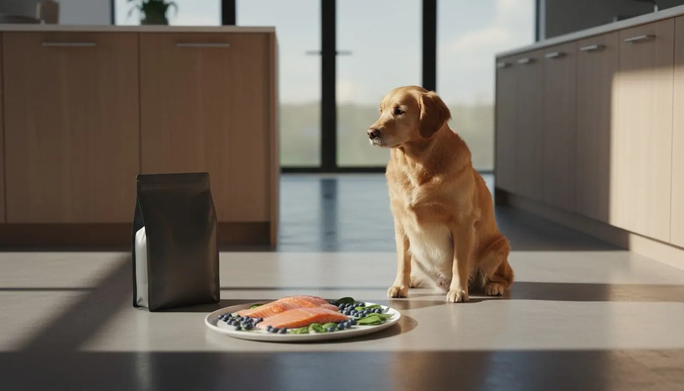 Golden Retriever sitting in a sunlit modern kitchen looking at a plate of fresh salmon and blueberries next to a bag of premium dog food.