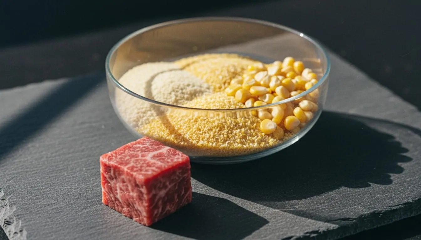 黑色石板上的大理石紋生牛肉塊,旁邊是一個裝有玉米粒、玉米碎和玉米粉的玻璃碗。