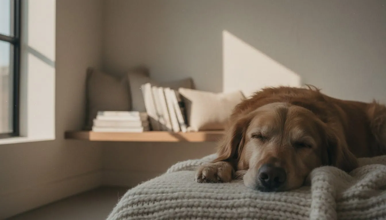 Golden Retriever sleeping peacefully on a beige knitted blanket in a sunlit minimalist room with books in the background.