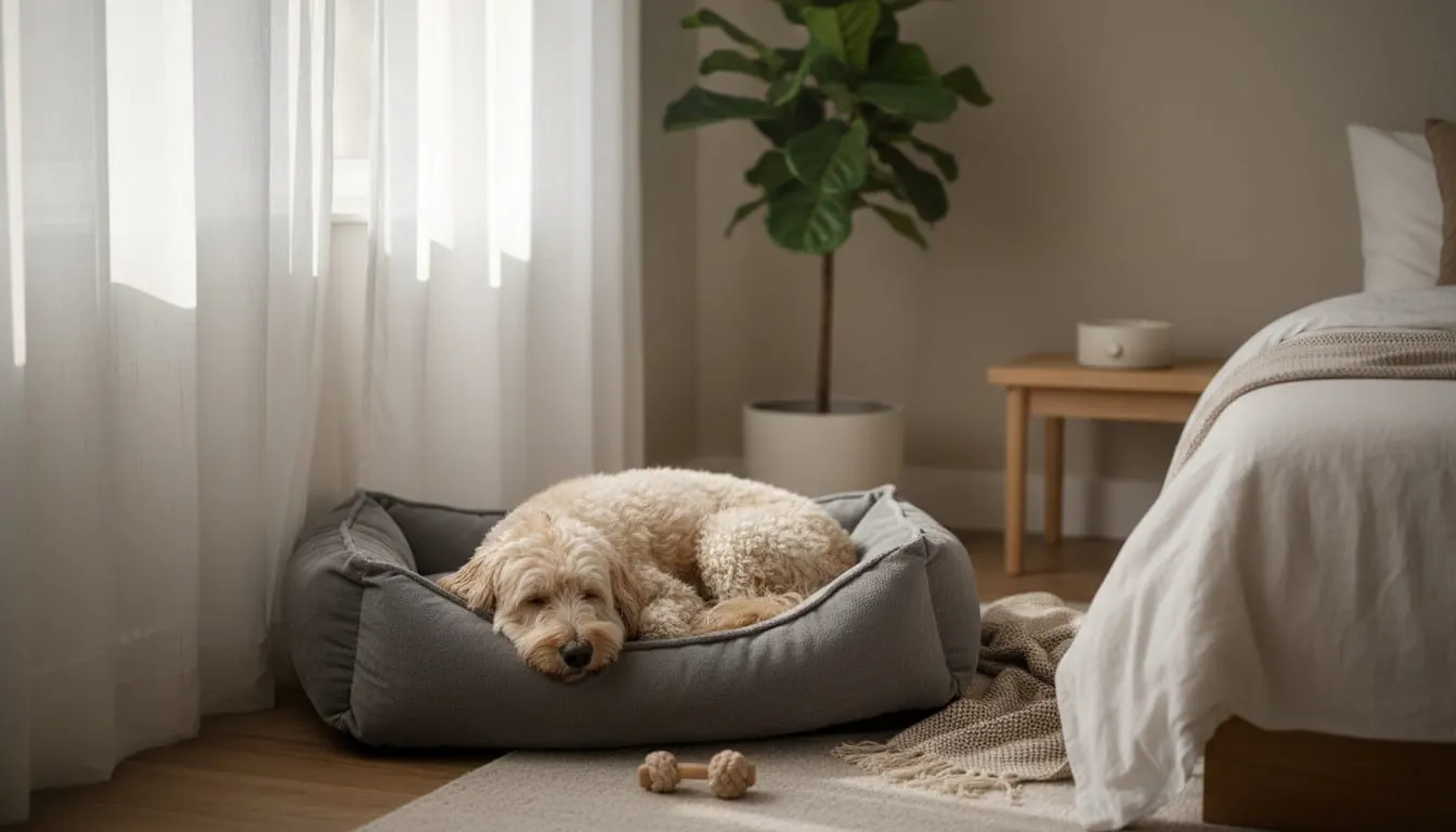 居心地の良い寝室の窓際で、グレーの犬用ベッドでぐっすり眠るふわふわの犬。