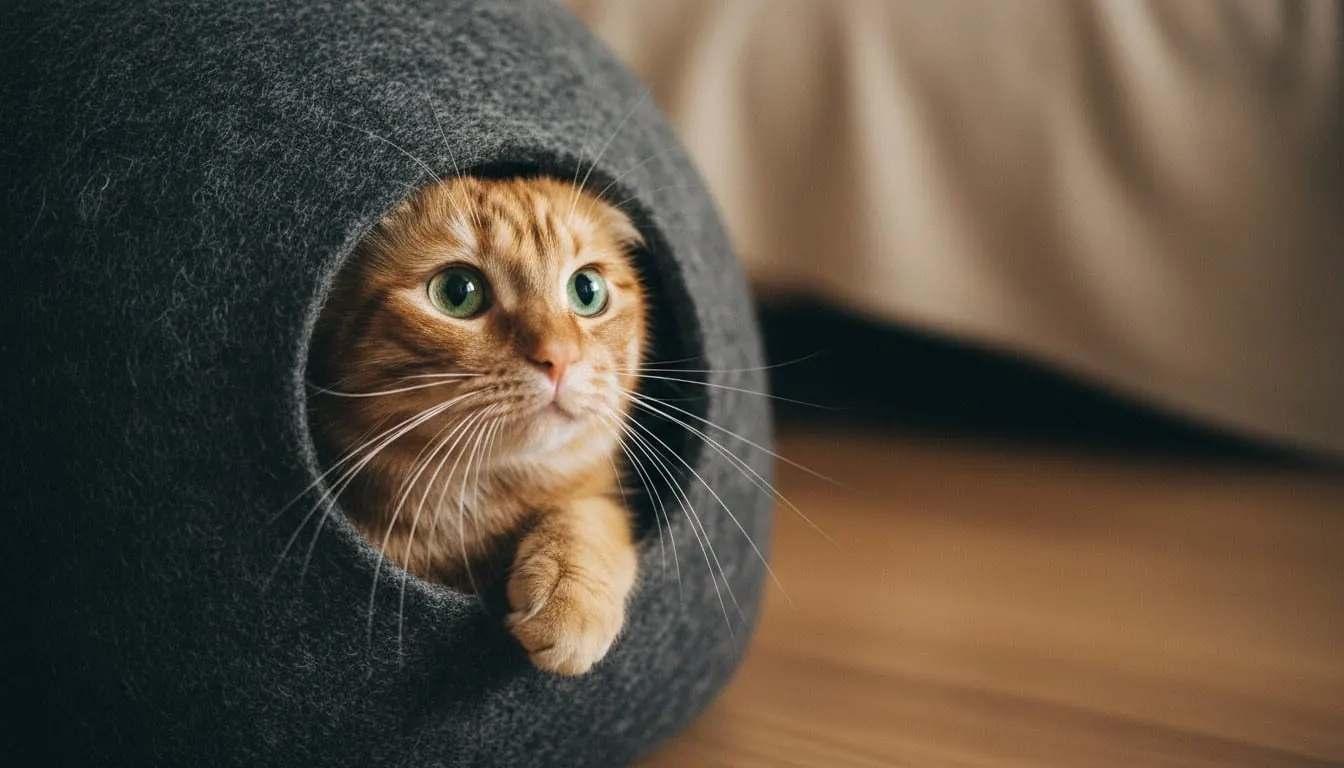 濃いグレーのフェルト製キャットハウスから顔を出す緑色の目をした茶トラ猫。おしゃれで快適なペット用ベッド。