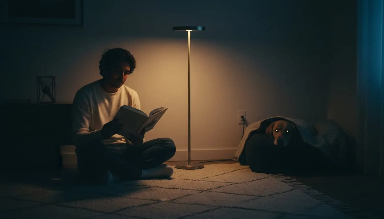 A man sits on a rug reading a book under the warm glow of a floor lamp while a dog rests nearby in a cozy bed under a blanket.