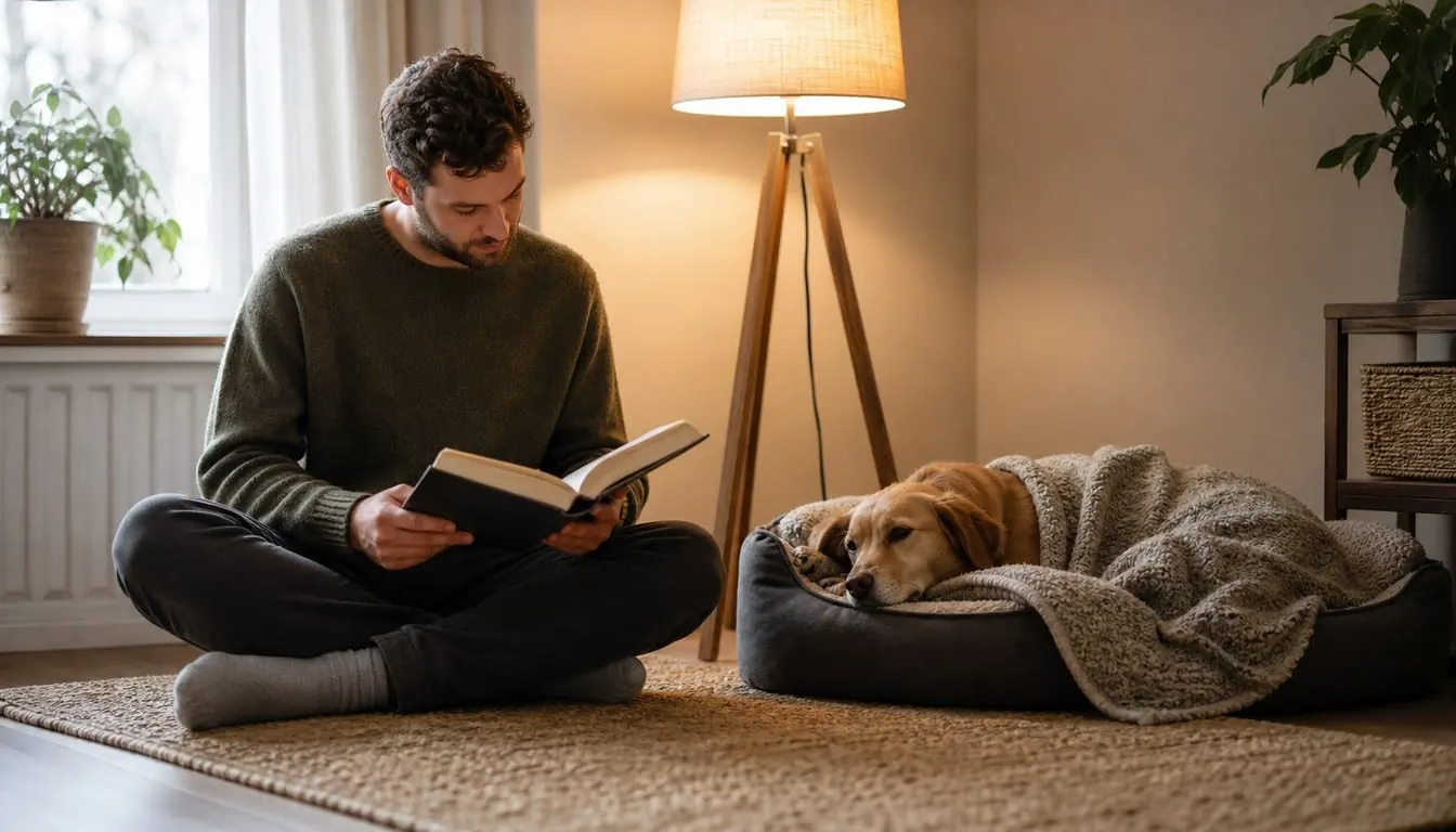 フロアランプの温かい光の下、男性が敷物の上で本を読み、その傍らで犬が心地よいベッドで休んでいる様子。