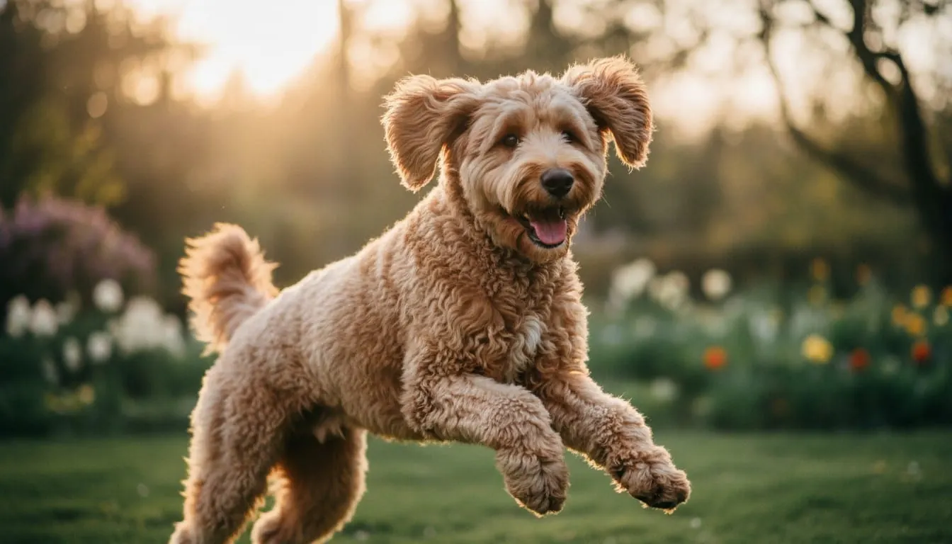 Happy Goldendoodle dog jumping playfully in a garden during sunset.