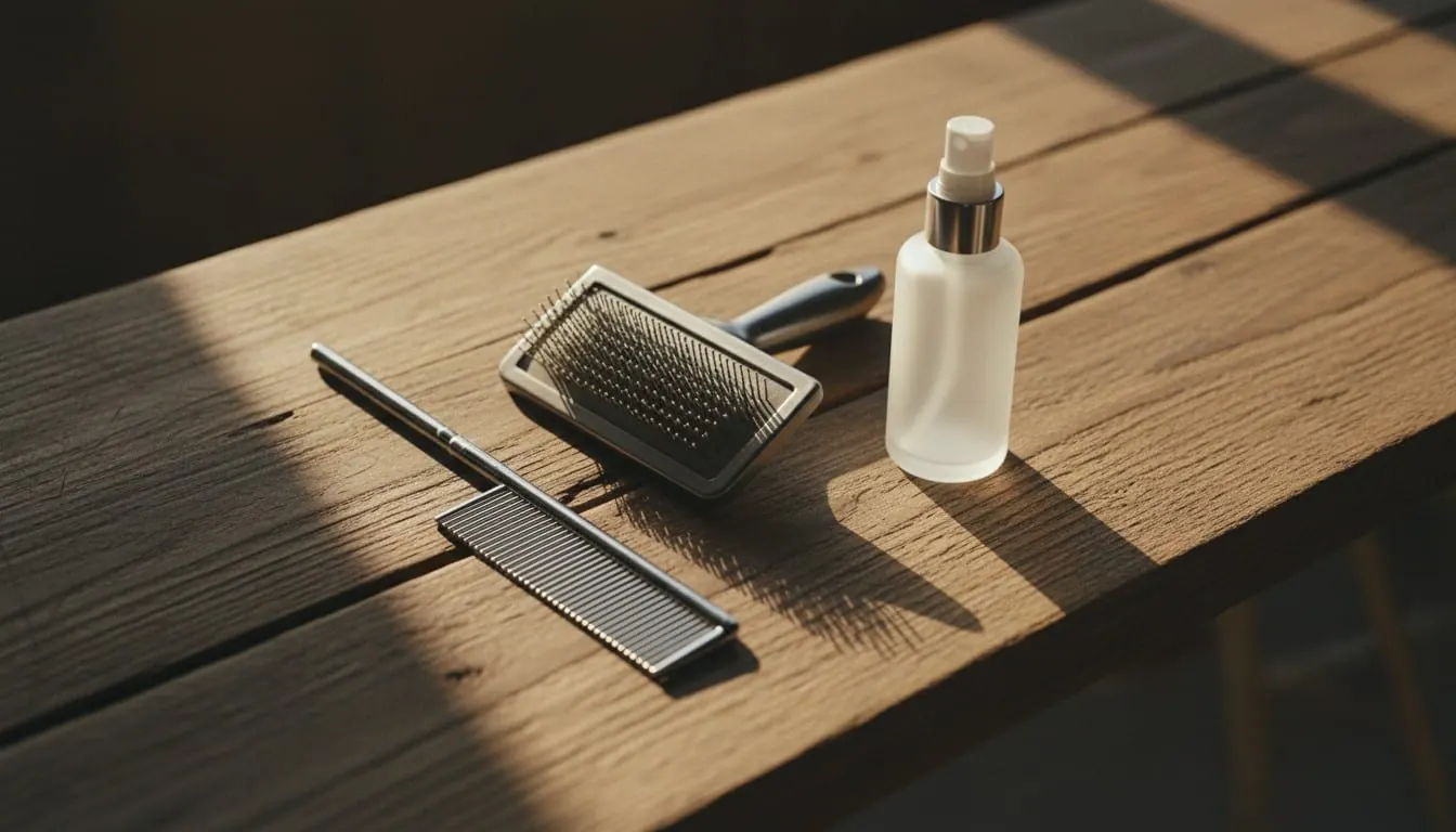 Essential dog grooming equipment featuring a slicker brush, metal grooming comb, and mist spray bottle on a wooden bench in natural light.