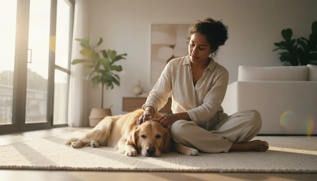 A young woman sitting on a rug in a sunlit living room, gently petting a golden retriever dog resting on the floor.