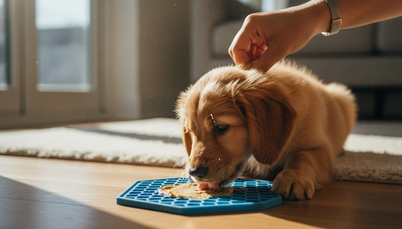床の上の青いシリコン製なめなめマットからピーナッツバターを舐めるゴールデンレトリバーの子犬。