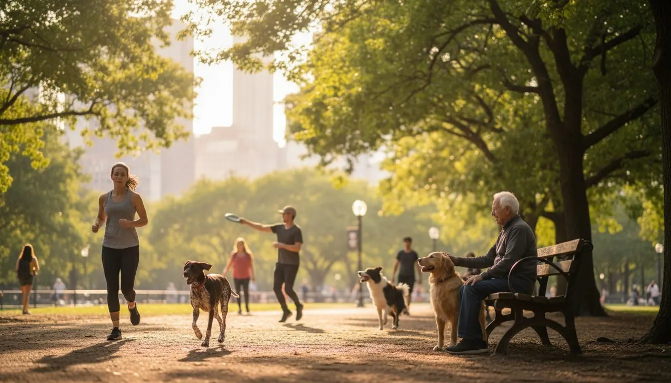 Woman jogging with dog in sunny city park while elderly man sits on bench petting a golden retriever and people play frisbee in the background.