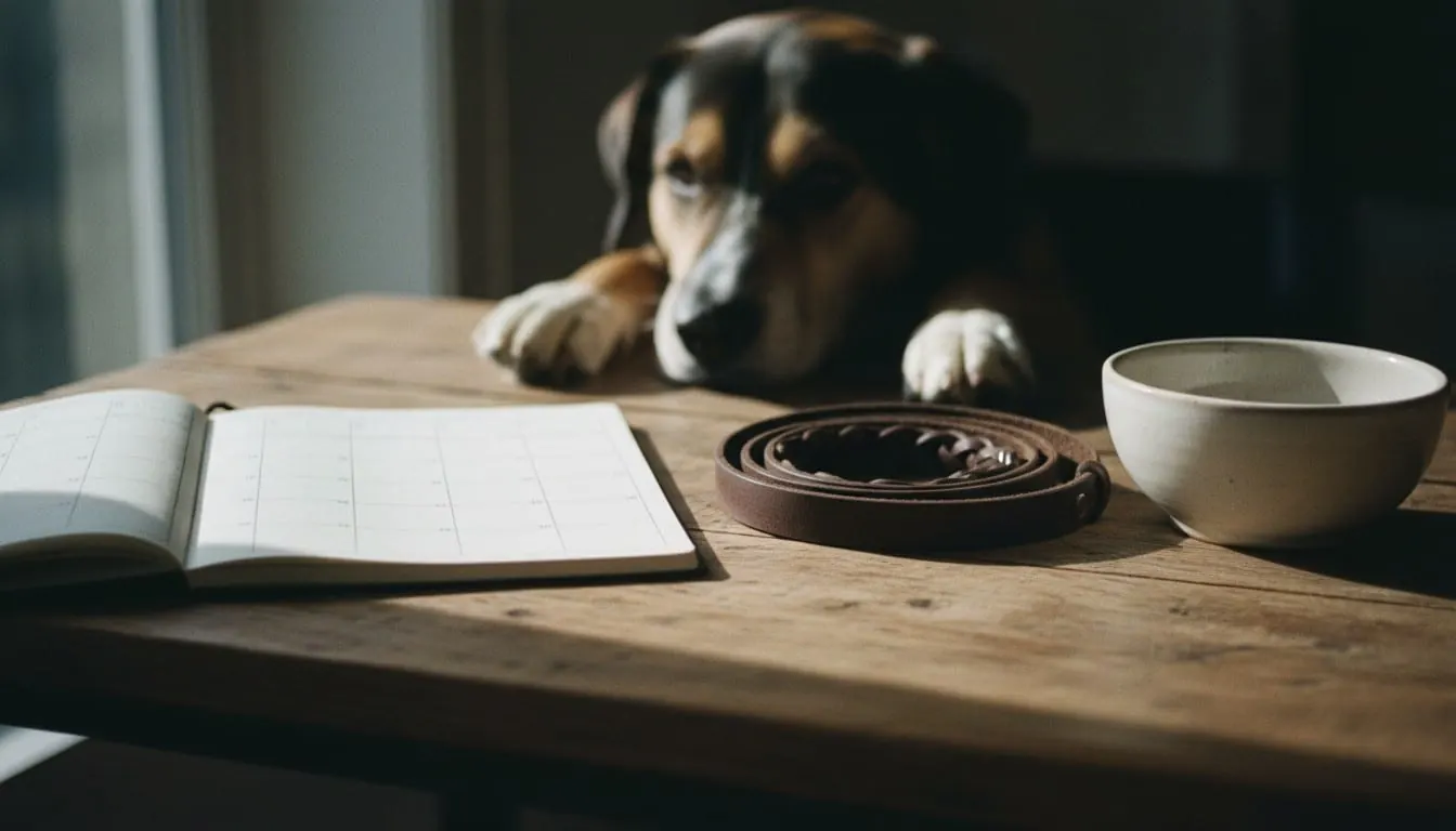 日差しが差し込む木製のテーブルの上にある革製のリードと開いた手帳を見つめる犬。