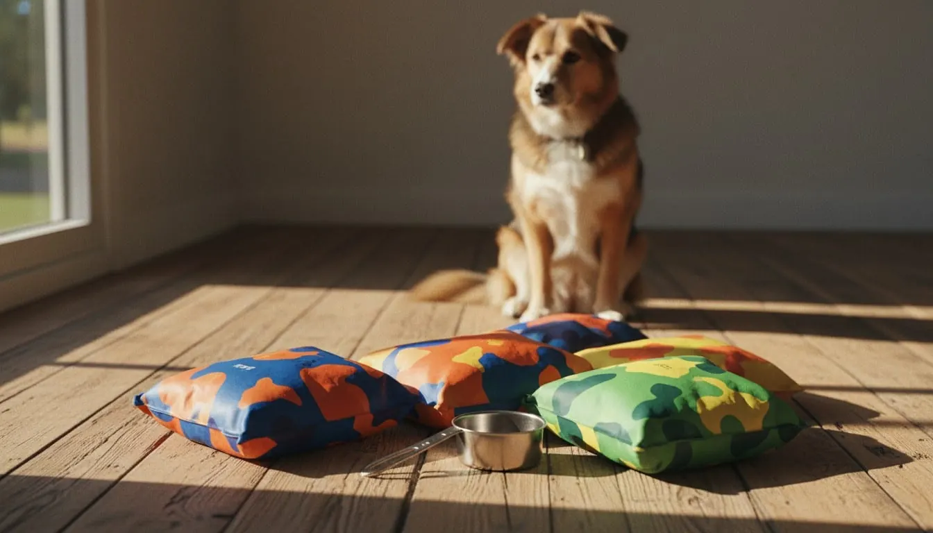 Medium brown dog sitting on a wooden floor behind colorful camo patterned cushions and a stainless steel bowl in a sunlit room.