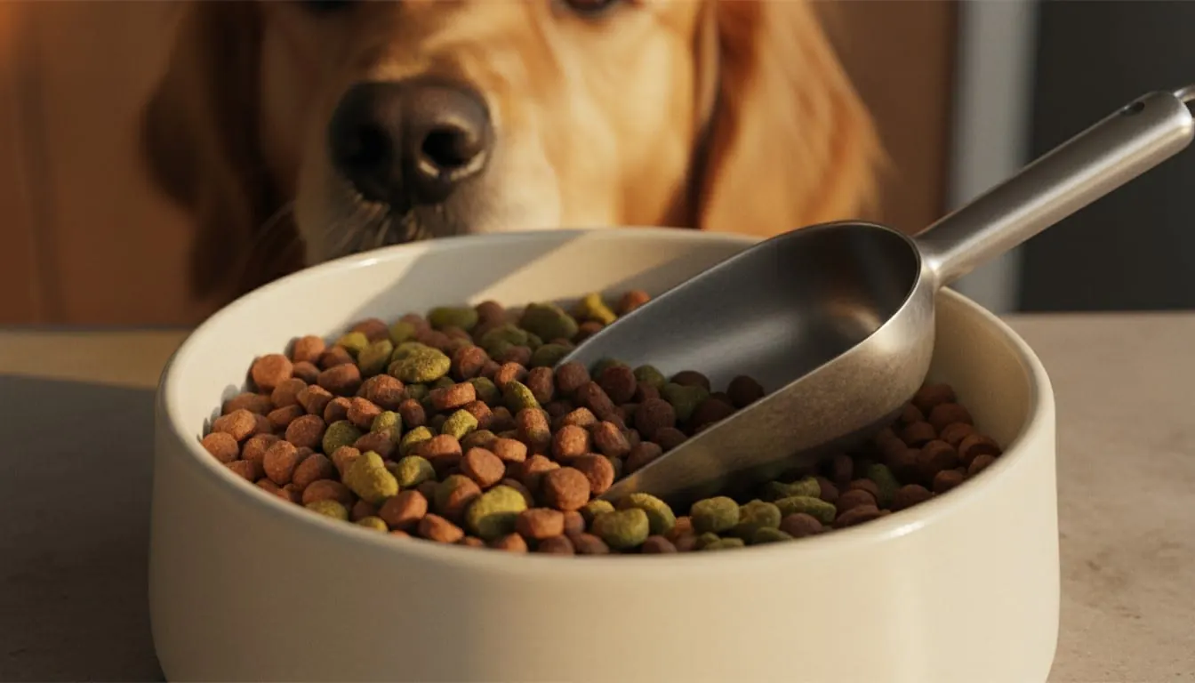 一只金毛猎犬看着一碗装有金属铲的多彩干狗粮。