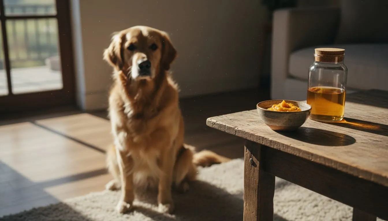 一只金毛猎犬坐在阳光充足的房间里,旁边是一个木制桌子,上面有一碗南瓜泥和一瓶营养液,旨在呵护狗狗健康。