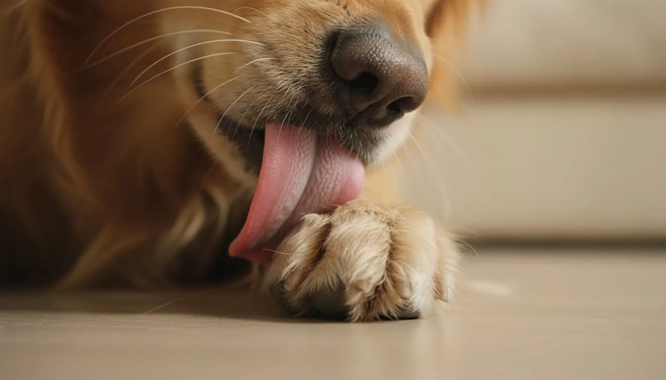 Close-up of a golden retriever dog lying down and licking its front paw on a light-coloured floor.