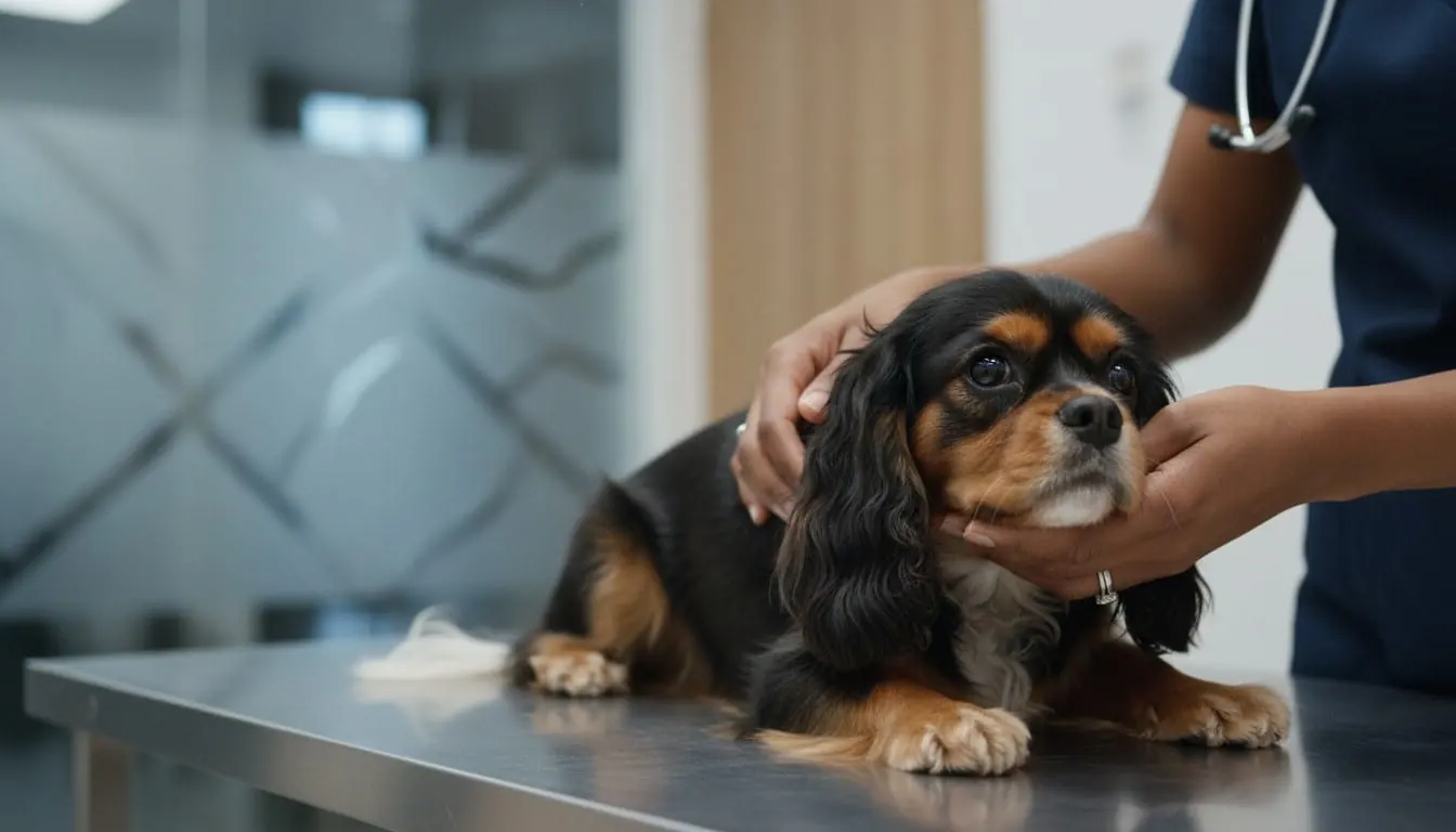 A tricolour Cavalier King Charles Spaniel being gently examined by a vet in a surgery. The veterinarian hands support the dog head on a metal examination table during a routine pet health checkup.