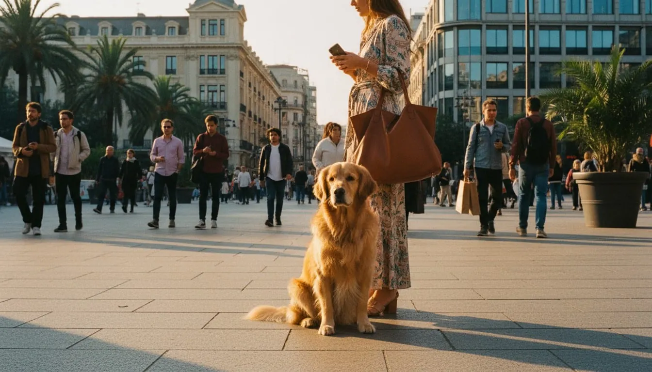 Golden Retriever sitting in a busy European city square with people walking in the background and owner standing nearby.