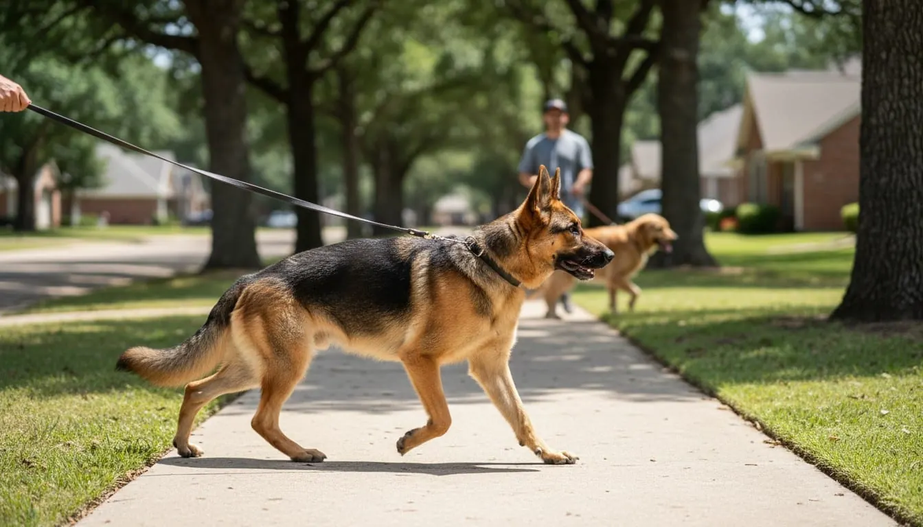 晴れた日に住宅街の歩道をリードで散歩するジャーマン・シェパード・ドッグ。背景には別の犬も見えます。