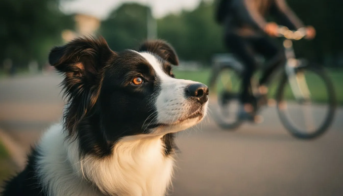夕暮れ時の公園で集中した様子で遠くを見つめる白黒のボーダーコリーのクローズアップ、背景にはぼやけた自転車走行者。
