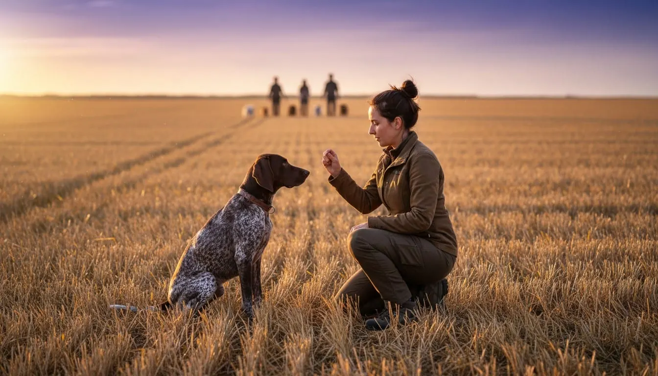 Mujer arrodillada en un campo cosechado entrenando a un braco alemán de pelo corto durante un hermoso atardecer con otros entrenadores al fondo.