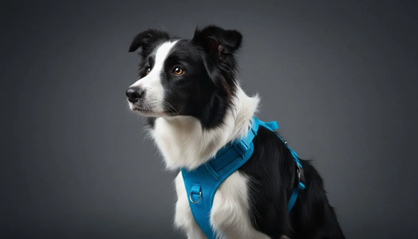Black and white Border Collie wearing a bright blue dog harness sitting against a dark gray background