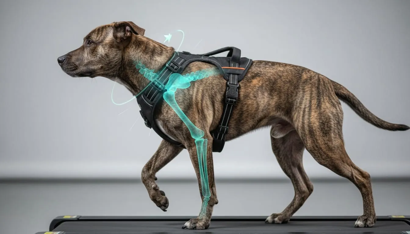 虎斑犬在跑步機上行走,佩戴黑色胸背帶,帶有顯示前腿和頸部骨骼結構的青色解剖圖層,展示人體工程學貼合度。