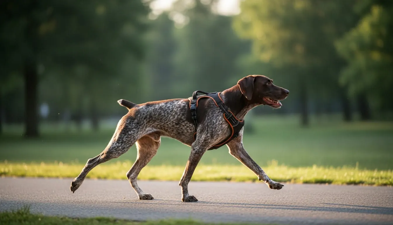 穿上胸背帶的德國短毛指示犬在日落時分的公園小徑上奔跑。