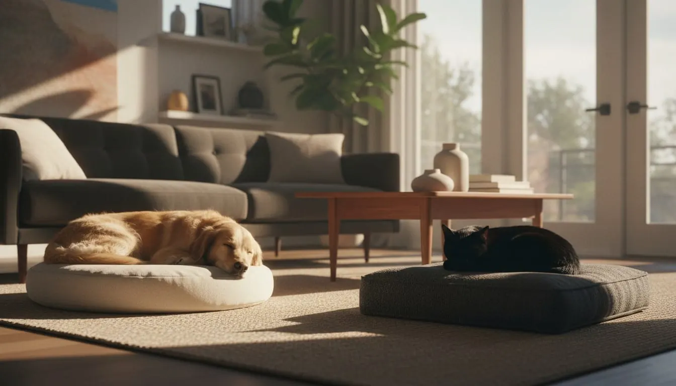 Golden retriever dog and black cat sleeping on cozy pet beds in a sunlit modern living room.