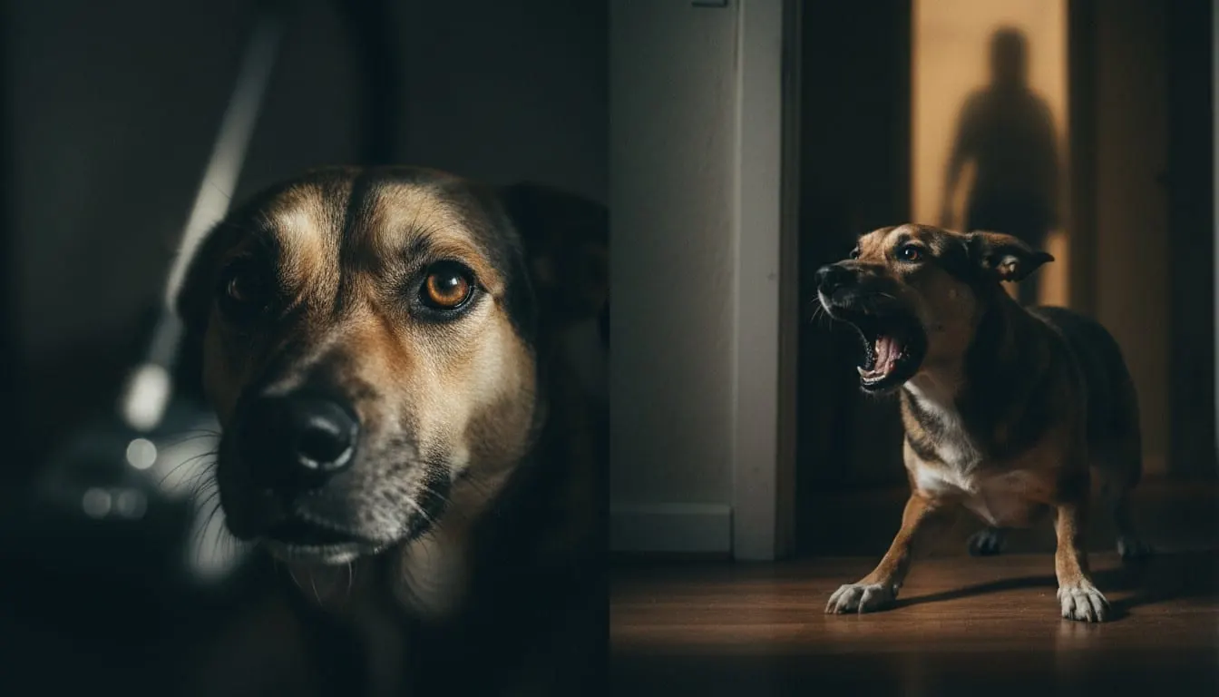 警戒するミックス犬のクローズアップと、夜の暗いドア口に立つ不気味な人影に向かって激しく吠える同じ犬の様子。